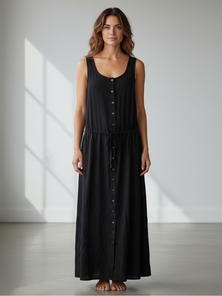 J. Jill Button Down Drawstring Waist Long Sleeveless Dress